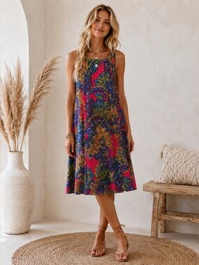 Ivy Lane Sleeveless Midi Dress in Magenta & Blue Floral Paisley